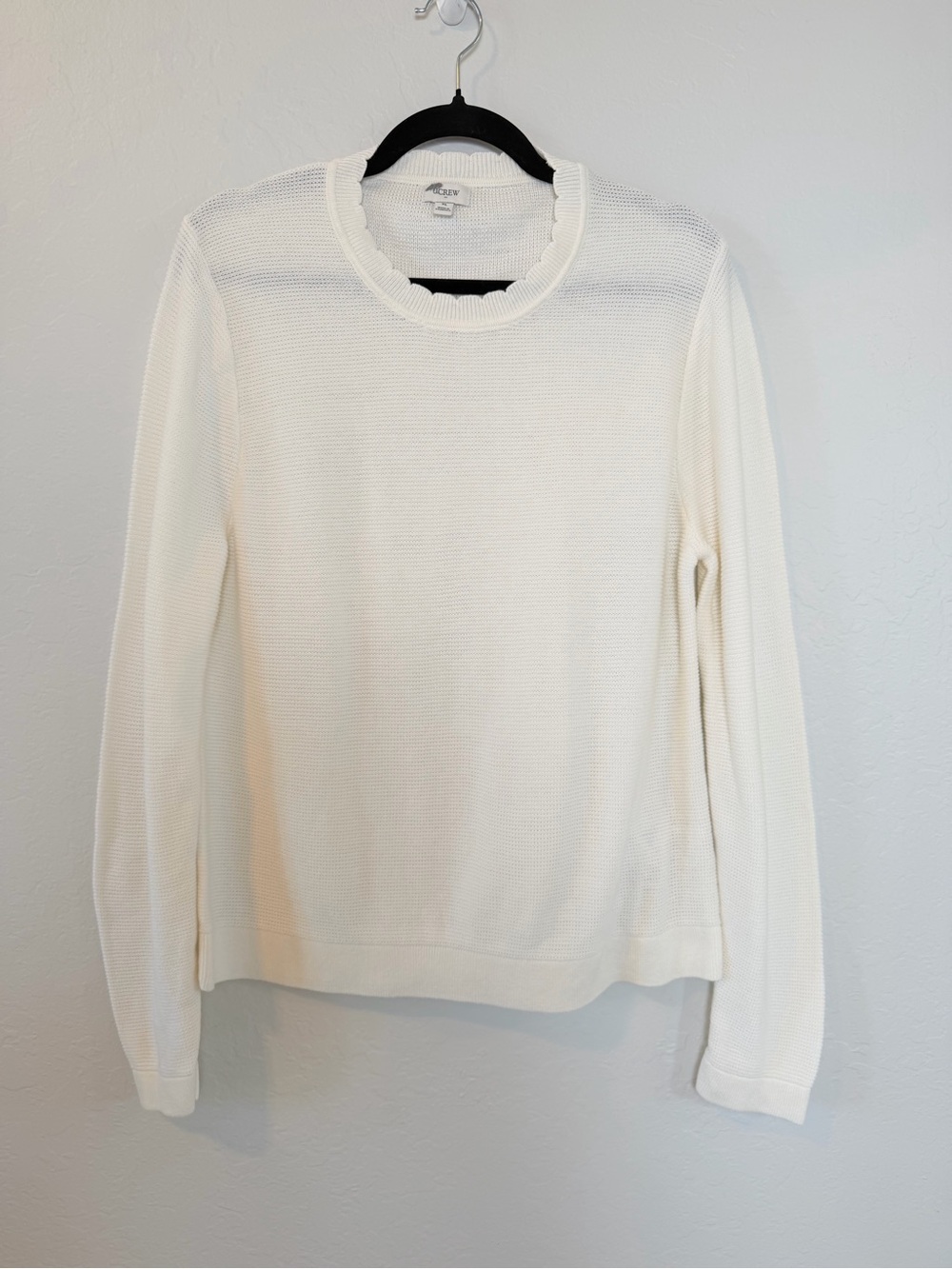 J. Crew Women's Cream Scallop Trim Textured Crewneck Sweater Size XL